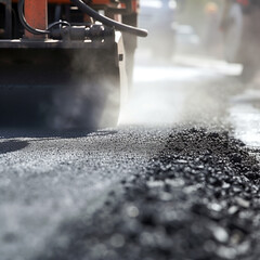 Close-up of hot asphalt being laid, steam rising, precise work of paving machine