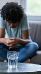 woman or a young girl sitting on a couch, bending forward in discomfort, a glass of water on the table, home setting, focus on abdominal pain