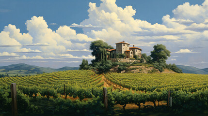 Fototapeta na wymiar A painting of a vineyard with a house on top.