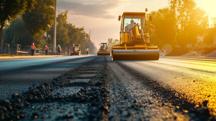 Freshly paved asphalt road, smooth surface, road rollers and construction equipment