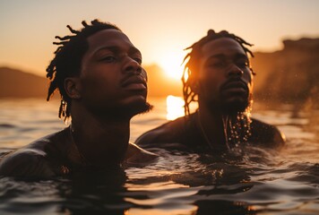 two men in water with the sun setting behind them