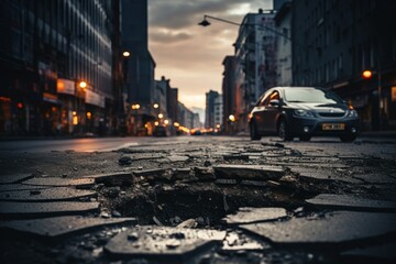 Poorly-maintained urban road with numerous potholes and severely damaged asphalt pavement - obrazy, fototapety, plakaty