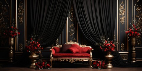 black with golden bright curtain wedding stage with red flowers frames