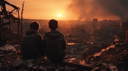 two people sitting on a ledge looking at a city during sunset