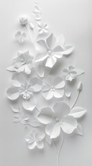 abstract monochrome painting depicting voluminous wildflowers made of white paper