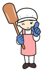 指さしポーズの女性調理士