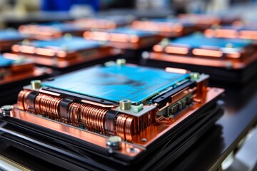 Close-up view of mass production assembly line for electric vehicle battery cells - obrazy, fototapety, plakaty