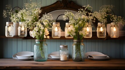 A rustic farmhouse-style kitchen with an empty wall showcasing a vintage Easter sign, flanked by hanging mason jars filled with wildflowers and twinkle lights, creating a warm and inviting atmosphere. - obrazy, fototapety, plakaty