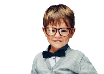 Portrait, young child and fashion in bowtie with glasses and confident boy in trendy clothes for kindergarten. Kid, face and cute in style jersey for fun isolated on transparent png background