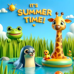 3D Animals Cartoon Characters Swimming in Lake