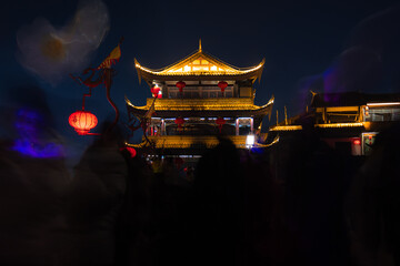 The beautiful glow of an ancient temple on a festive night in Longyan, Fujian, China