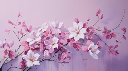 A painting of pink flowers on a purple background.