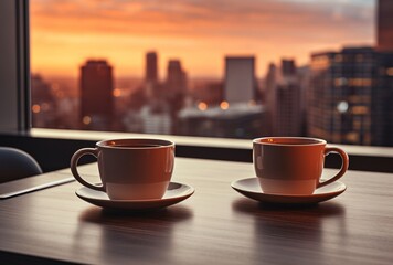 two cups of coffee on a table - obrazy, fototapety, plakaty
