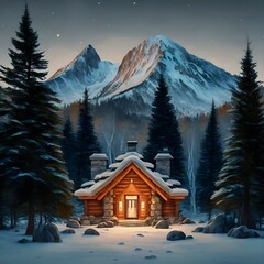 A cozy cabin in the woods surrounded by towering trees, with a crackling fire burning in the stone fireplace and snow-capped mountains visible in the distance