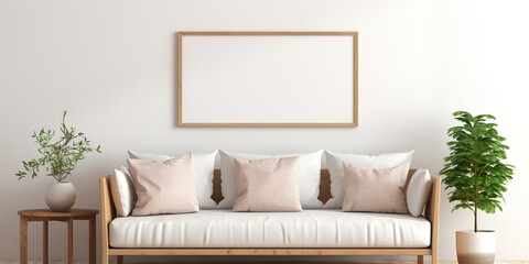 Blank horizontal poster frame mock up in minimal Scandinavian white style living room interior