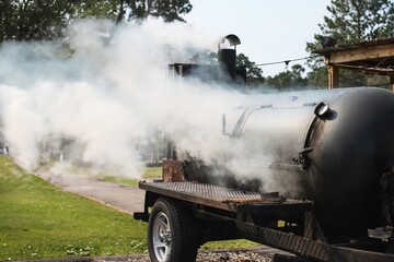 Large barbecue smoker grill at the park. Unleashing Flavors Amidst the Greens with a Hearty BBQ...