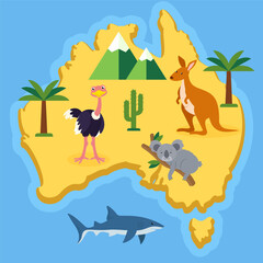 Australia map with animals. Vector illustration in flat style on the theme of travel.