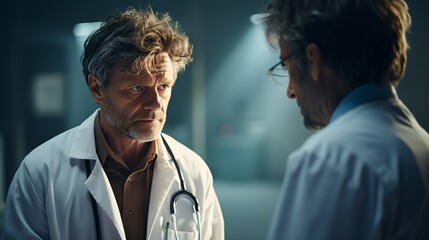 a man in a white coat looking at another man