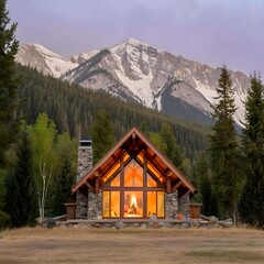 A cozy cabin in the woods surrounded by towering trees, with a crackling fire burning in the stone fireplace and snow-capped mountains visible in the distance