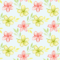 Watercolor seamless pattern with pink and green flowers. Cute spring print with flowers and green leaves. Design and design of packaging, background, stationery. Isolated illustration in pastel colors