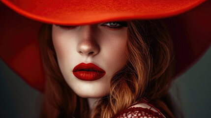 Fashion Woman in Red Dress and Hat with full Red Lips Makeup.