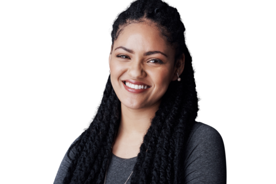 Woman, portrait and happy with confidence for relax with calm expression, pride and day off on weekend. Person, face and smile with hairstyle, makeup and style isolated on png transparent background