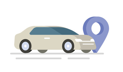 Car parking location icon vector flat cartoon cute graphic illustration with gps navigation position map pin pointer marker, auto vehicle find online service, automobile transport travel place arrow