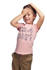 Child, fashion and portrait of boy with shirt with gender equality isolated in transparent or png...