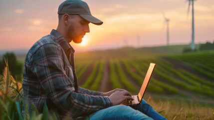 Technician using laptop computer and at wind farm at sunset. Windmills in the background, farmland with sunset skies, renewable energy, clean, Sustainable energy. - obrazy, fototapety, plakaty