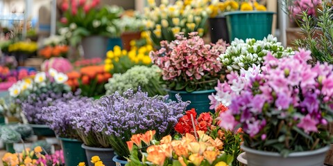 A vibrant flower market showcasing a variety of spring blooms in pots. Concept Spring Blooms, Flower Market, Potted Plants, Vibrant Colors, Floral Delights