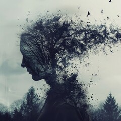 Woman silhouette. Mental health illustration. Depression.