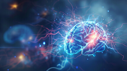 Human brain digital illustration. flashes and lightning on a blue background.neurogenic mediators.