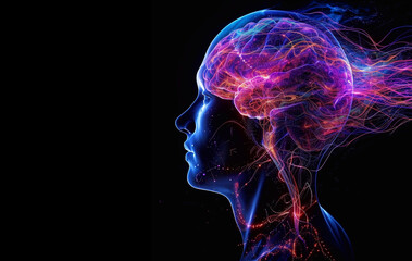 Human brain digital illustration. flashes and lightning on a blue background.neurogenic mediators. - obrazy, fototapety, plakaty