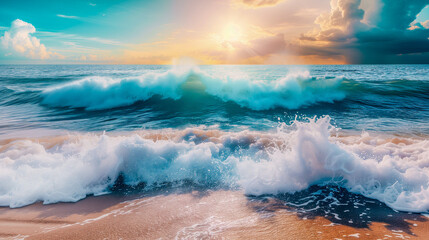 Ocean Waves Splashing onto a Beach at Sunset, Beauty of Pure Nature, Perfect Luxury Vacation, Relaxing Spa Holiday, Wellness Travel, Romantic Honeymoon, Dream Destination, HDR image - obrazy, fototapety, plakaty