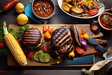 grilled meat and vegetable on wooden board and bowl of curry on table