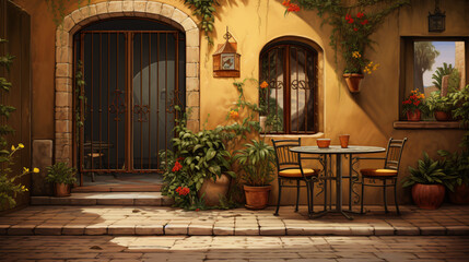 Fototapeta na wymiar A patio with a table and chairs and a potted.