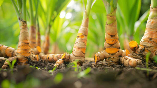 A detailed shot of a fullygrown turmeric plant with the thick rhizomes visible just below the surface of the soil.