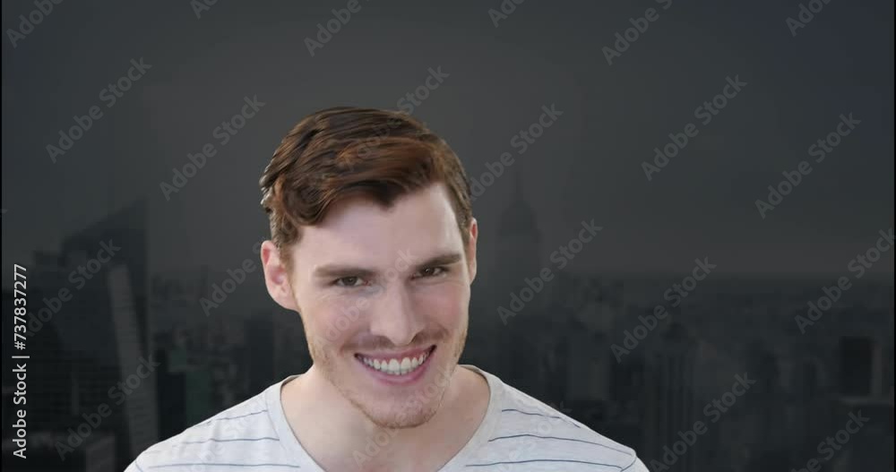 Poster Animation of happy caucasian man over cityscape