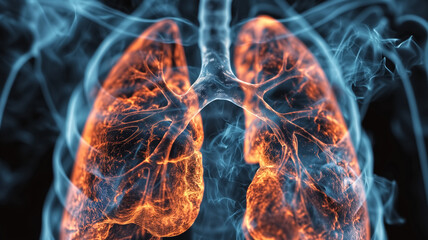 3D illustration of a human respiratory system with detailed lungs and bronchi highlighted by smoke. - obrazy, fototapety, plakaty