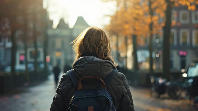 Back view of a young woman with backpack walking in the street at sunset
