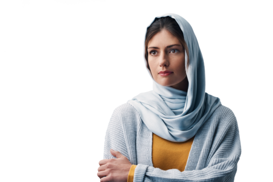 Muslim, woman and thinking with hijab or confidence for eid with casual fashion, trendy outfit or contemplating idea. Islamic person, face or serious with relax isolated on png transparent background
