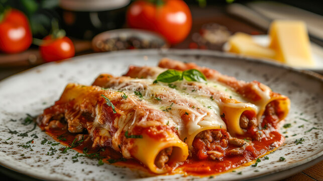 Mouthwatering Cannelloni pasta stuffed with meat, tomatoes and baked in Bolognese sauce with cheese on grey plate. Side view, close up. Traditional Italian cuisine. Restaurant menu, recipe.