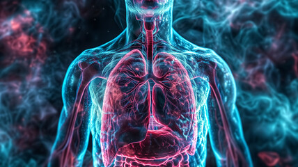 A detailed digital visualization of the human respiratory and digestive systems with a focus on internal organs. - obrazy, fototapety, plakaty