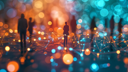 Abstract concept of a digital network connecting silhouettes of people with glowing nodes and lines on a bokeh background.