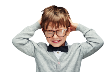 Child, boy and grimace with glasses for fashion with bow tie, with casual outfit, trendy style and happy. Kid, eyewear and confidence with energy and relax isolated on a png transparent background