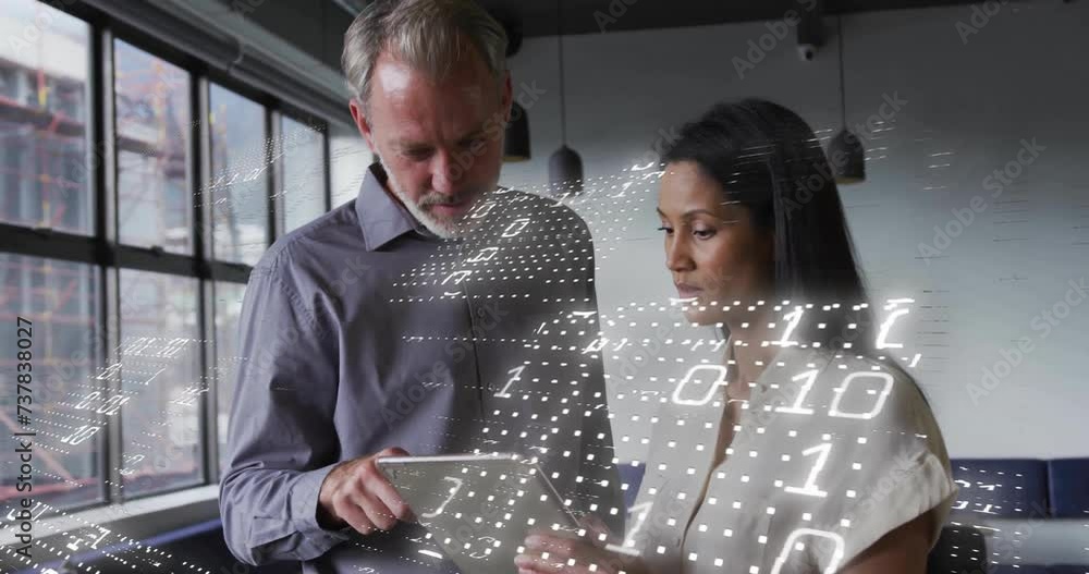 Poster animation of binary coding data processing over diverse business people in office