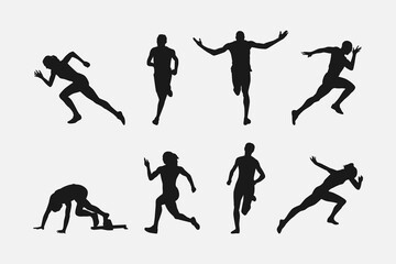 set of silhouettes of sprinter runner with different poses, gestures. isolated on white background. vector illustration. - obrazy, fototapety, plakaty