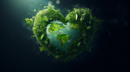 A planet in the shape of a green heart, eco concept.