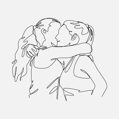 Continuous one line drawing of two best friends hugging. Editable stroke. Vector illustration.