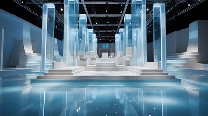 A sleek, empty fashion runway stage, designed with a long, glossy white catwalk, surrounded by rows of clear acrylic chairs for the audience, and complemented by overhead soft box lighting 